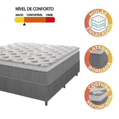 Cama Box Casal Queen Colchão Molas Ensacadas ômega 158x198x70cm Cinza / Branco Hellen
