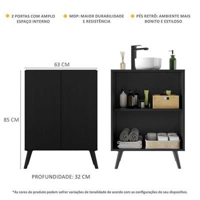 Gabinete Banheiro 2 Portas Retrô 63cm Multimóveis Preto
