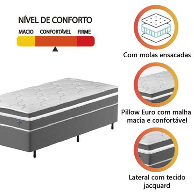 Cama Box Colchão Solteiro Molas Ensacadas Euro In Up 88x188x64cm Cinza/branco Probel Cinza / Branco