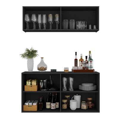 Kit Bar Armário Aéreo E Aparador 4 Portas Multimóveis Mp1075 Preto Preto