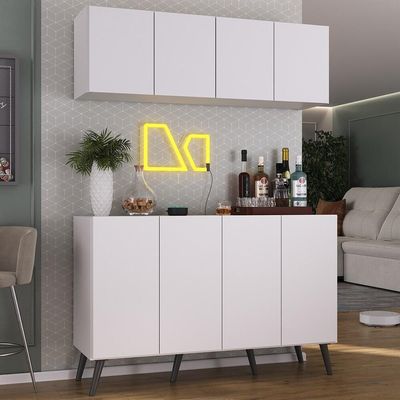 Kit Bar Armário Aéreo Aparador 4 Portas Mp1086 Branco/preto