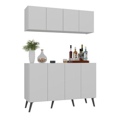 Kit Bar Armário Aéreo Aparador 4 Portas Mp1086 Branco/preto