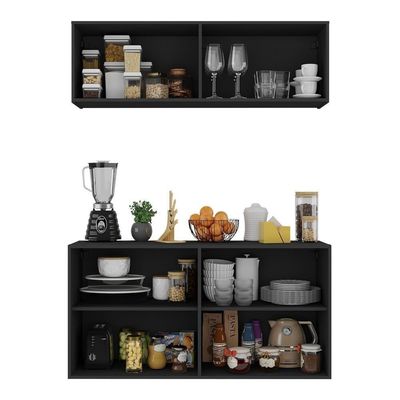 Kit Armário De Cozinha E Aparador 4 Portas Multimóveis Mp2162 Preto Preto