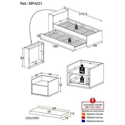 Conjunto Quarto Bicama Com Colchão E Baú/mesa De Cabeceira Suspensa Multimóveis Mp4221 Branco Branco