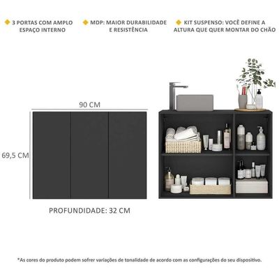 Gabinete Banheiro 3 Portas 90Cm Mp5029 Preto