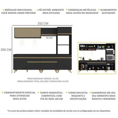 Armário De Cozinha Completa 252cm Com Leds Veneza Up Multimóveis V2037 Preto/dourado Preto/dourado