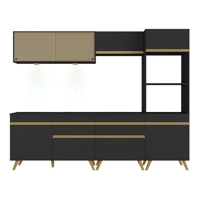 Armário De Cozinha Completa 252cm Com Leds Veneza Up Multimóveis V2037 Preto/dourado Preto/dourado