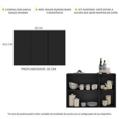 Aparador Buffet 3 Portas Suspenso Multimóveis V1008 Preto