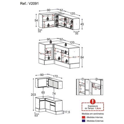 Armário De Cozinha Compacta De Canto Com Rodapé Veneza Multimóveis V2091 Branco Branco