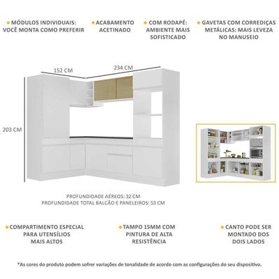 Armário De Cozinha Completa De Canto Com Rodapé Veneza Multimóveis V2084 Branco Branco
