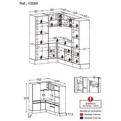 Armário De Cozinha Completa De Canto Com Rodapé Veneza Multimóveis V2084 Branco Branco