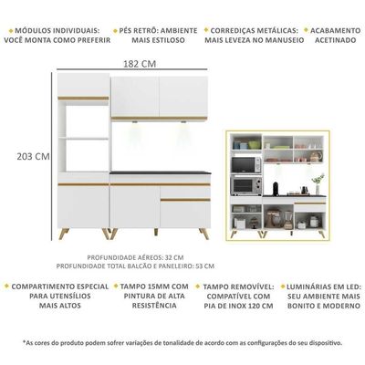Armário De Cozinha Compacta 182cm Com Leds Veneza Up Multimóveis V2019 Branco/dourado Branco/dourado
