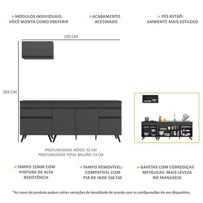 Armário De Cozinha Compacta 220cm Veneza Multimóveis V2074 Preto Preto