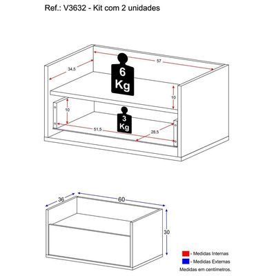 Kit Com 2 Mesas De Cabeceira 60Cm Suspensa Multimóveis V3632 Branca Branco