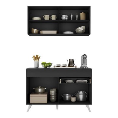 Armário De Cozinha Compacta 120cm Veneza Multimóveis V3687 Preto/branco Preto/branco