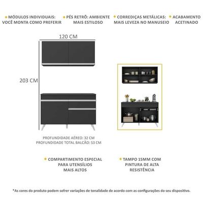 Armário De Cozinha Compacta 120cm Veneza Multimóveis V3687 Preto/branco Preto/branco