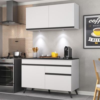 Armário De Cozinha Compacta 120cm Com Leds Veneza Up Multimóveis V2012 Branco/preto Branco/preto