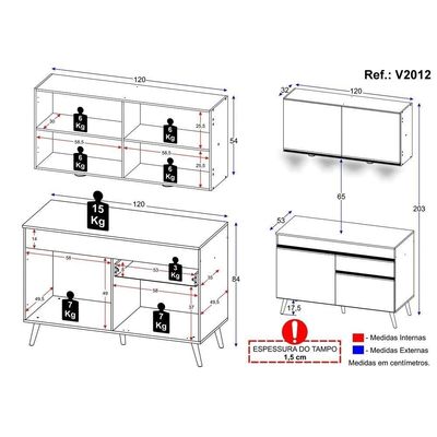Armário De Cozinha Compacta 120cm Com Leds Veneza Up Multimóveis V2012 Branco/preto Branco/preto