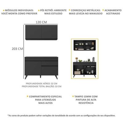 Armário De Cozinha Compacta 120cm Veneza Multimóveis V3687 Preto Preto