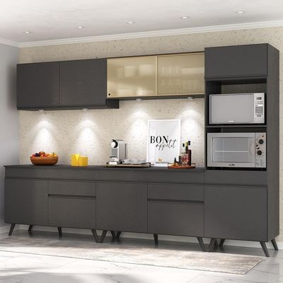 Armário De Cozinha Compacta 302cm Com Leds Veneza Up Multimóveis V2014 Preto Preto
