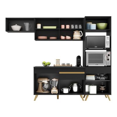 Armário De Cozinha Compacta 252cm Multimóveis Preto/dourado