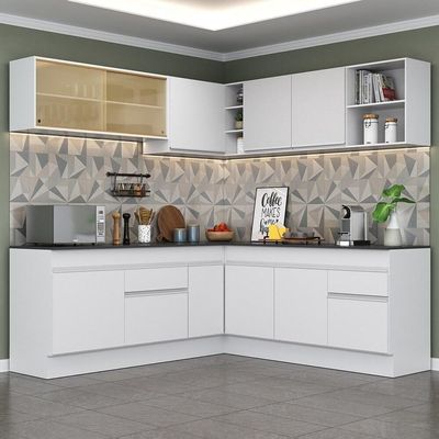 Armário De Cozinha Completa De Canto Com Rodapé Veneza Multimóveis V2096 Branco Branco