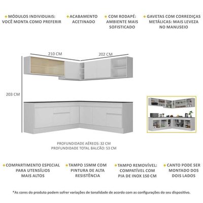 Armário De Cozinha Completa De Canto Com Rodapé Veneza Multimóveis V2096 Branco Branco