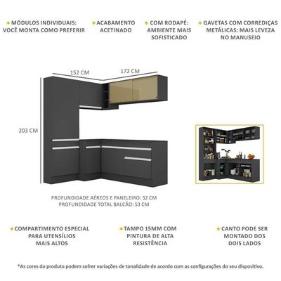 Armário De Cozinha Completa De Canto Com Rodapé Veneza Multimóveis V2089 Preto/branco Preto/branco