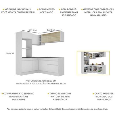 Armário De Cozinha Completa De Canto Com Rodapé V2098 Branco