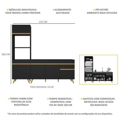 Armário De Cozinha Compacta 212cm Multimóveis Preto/dourado