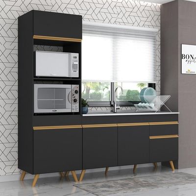 Armário De Cozinha Compacta 212cm Multimóveis Preto/dourado