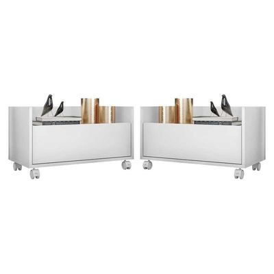 Kit Com 2 Mesas De Cabeceira 60Cm Com Rodízios Multimóveis V3635 Branca Branco