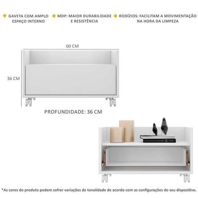 Kit Com 2 Mesas De Cabeceira 60Cm Com Rodízios Multimóveis V3635 Branca Branco