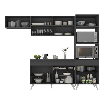 Armário De Cozinha Compacta 252cm Veneza Multimóveis V3690 Preto/branco Preto/branco