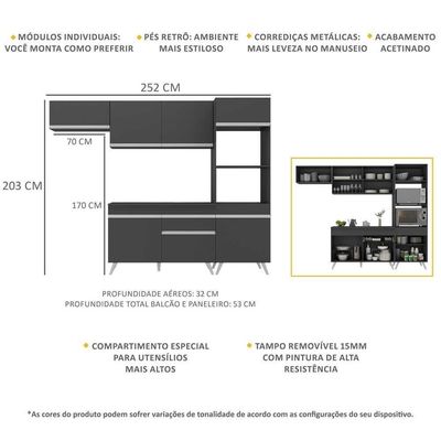 Armário De Cozinha Compacta 252cm Veneza Multimóveis V3690 Preto/branco Preto/branco