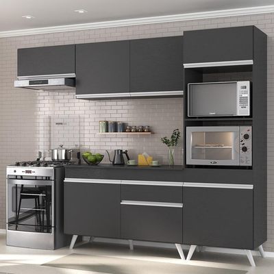 Armário De Cozinha Compacta 252cm Veneza Multimóveis V3690 Preto/branco Preto/branco