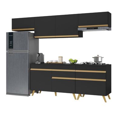 Armário De Cozinha Completa 260cm Veneza Multimóveis V3708 Preto/dourado Preto/dourado