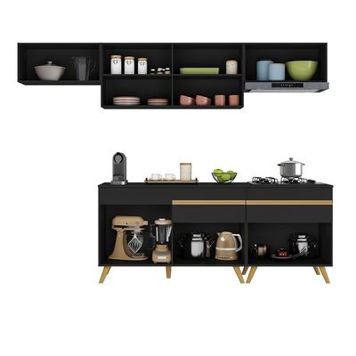 Armário De Cozinha Completa 260cm Veneza Multimóveis V3708 Preto/dourado Preto/dourado