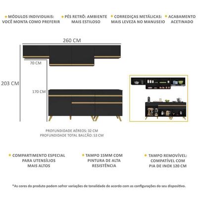 Armário De Cozinha Completa 260cm Veneza Multimóveis V3708 Preto/dourado Preto/dourado