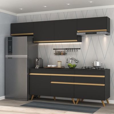 Armário De Cozinha Completa 260cm Veneza Multimóveis V3708 Preto/dourado Preto/dourado