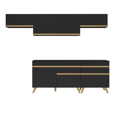Armário De Cozinha Completa 260cm Veneza Multimóveis V3708 Preto/dourado Preto/dourado