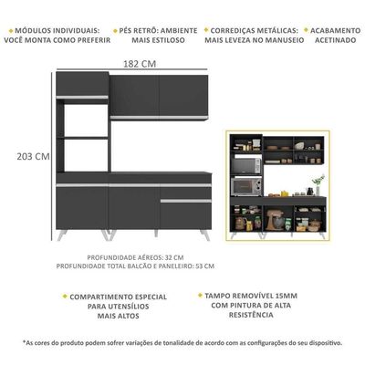 Armário De Cozinha Compacta 182cm Veneza Multimóveis V3694 Preto/branco Preto/branco