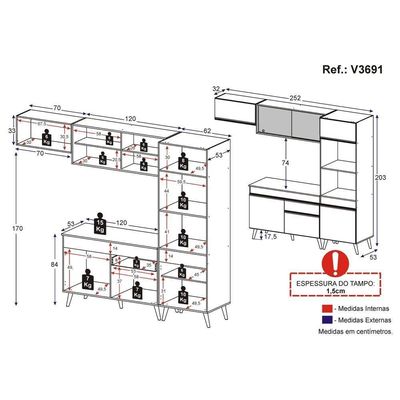 Armário De Cozinha Compacta 252cm Veneza Multimóveis V3691 Preto/branco Preto/branco