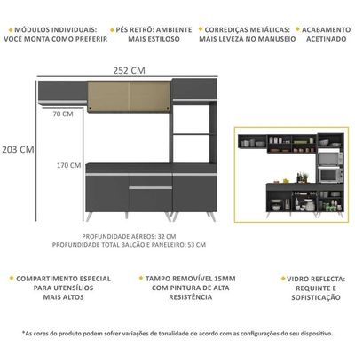 Armário De Cozinha Compacta 252cm Veneza Multimóveis V3691 Preto/branco Preto/branco