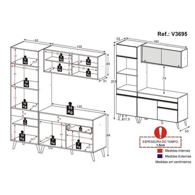 Armário De Cozinha Compacta 182cm Veneza Multimóveis V3695 Preto/branco Preto/branco