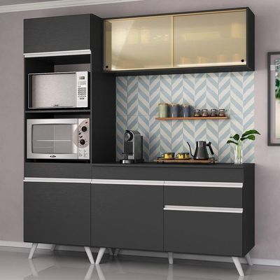 Armário De Cozinha Compacta 182cm Veneza Multimóveis V3695 Preto/branco Preto/branco