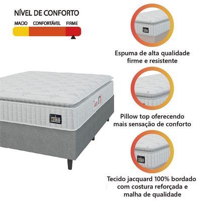 Cama Box Colchão Casal Espuma D45 Lazio Pillow Top 138x188x67cm Branco-Cinza Hellen Suporta até 120kg por Pessoa
