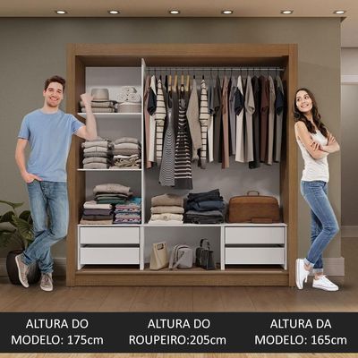 Guarda-roupa Casal 3 Portas Correr 4 Gavetas Rústico/Branco