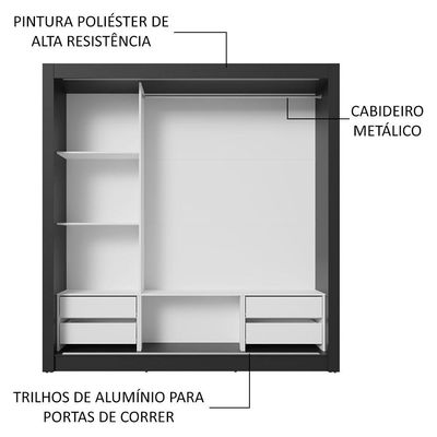 Guarda-roupa Casal 3 Portas Correr 4 Gavetas Preto/Rústico