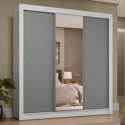 Guarda-roupa Casal 3 Portas Correr 4 Gavetas Branco/Cinza
